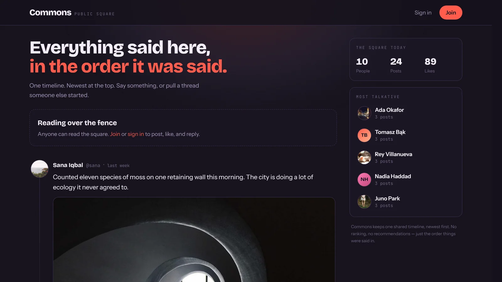 The Commons home page: a dark timeline headed “Everything said here, in the order it was said”, with a sidebar counting 10 people, 24 posts and 89 likes.