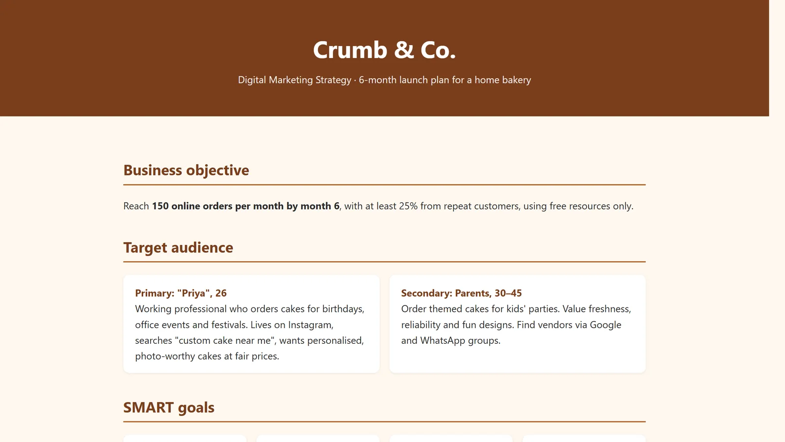 The Crumb & Co. digital marketing strategy site for a fictional home bakery.