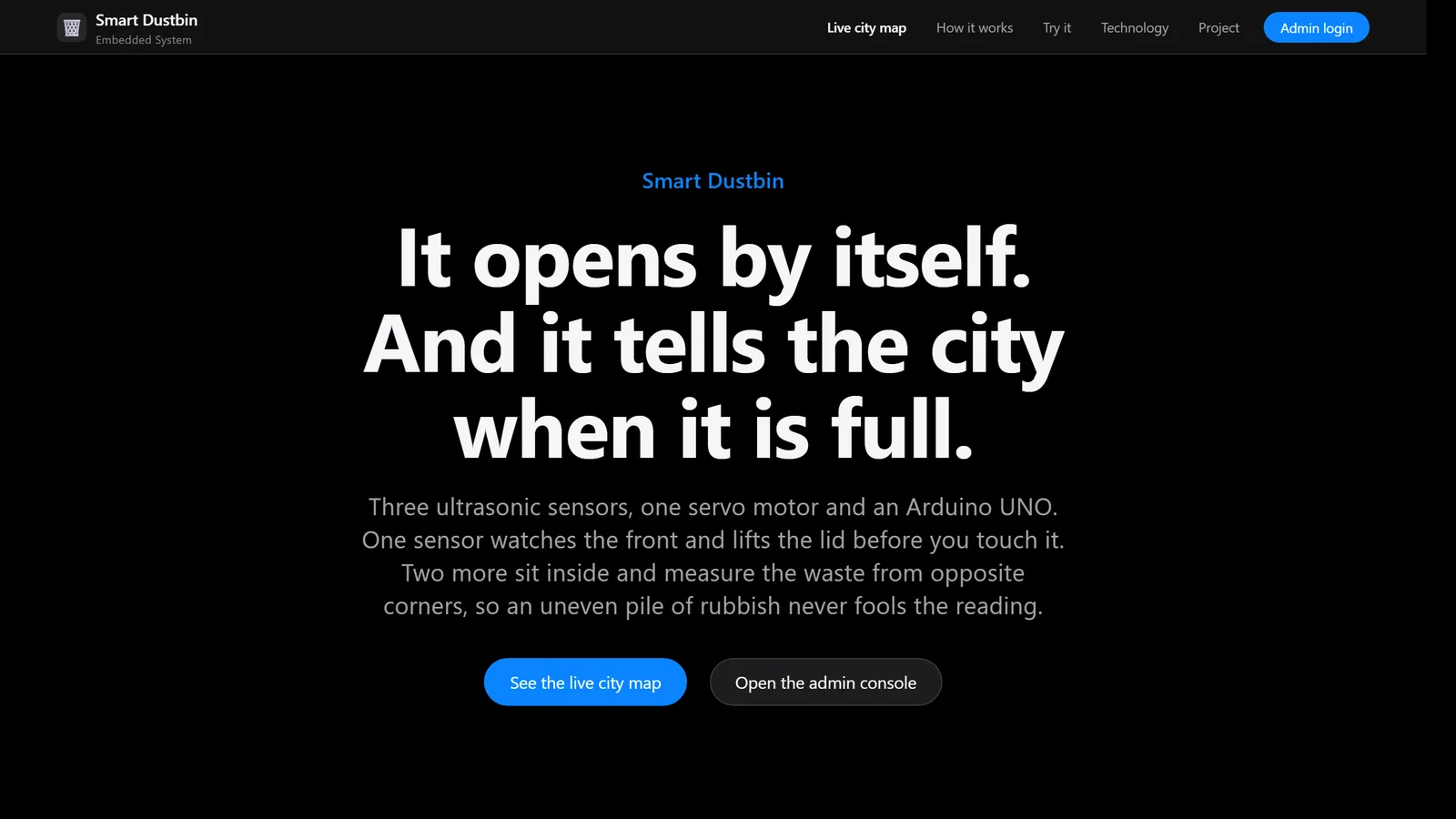 The Smart Dustbin site, headed “It opens by itself. And it tells the city when it is full.”
