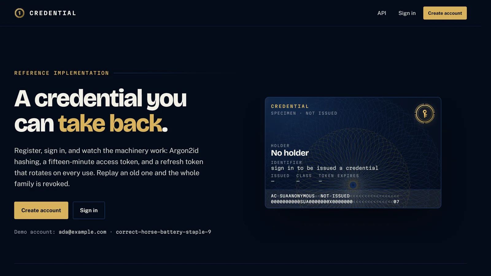 The Credential authentication demo running in the browser.