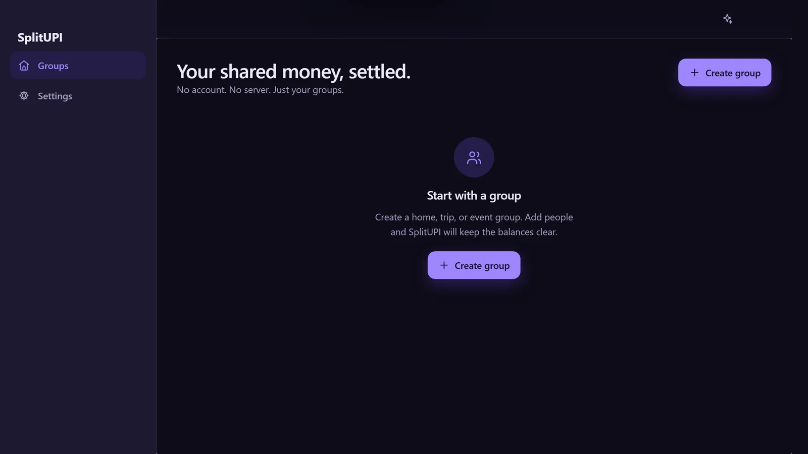 SplitUPI on its first run, headed “Your shared money, settled.” with a prompt to create a group.