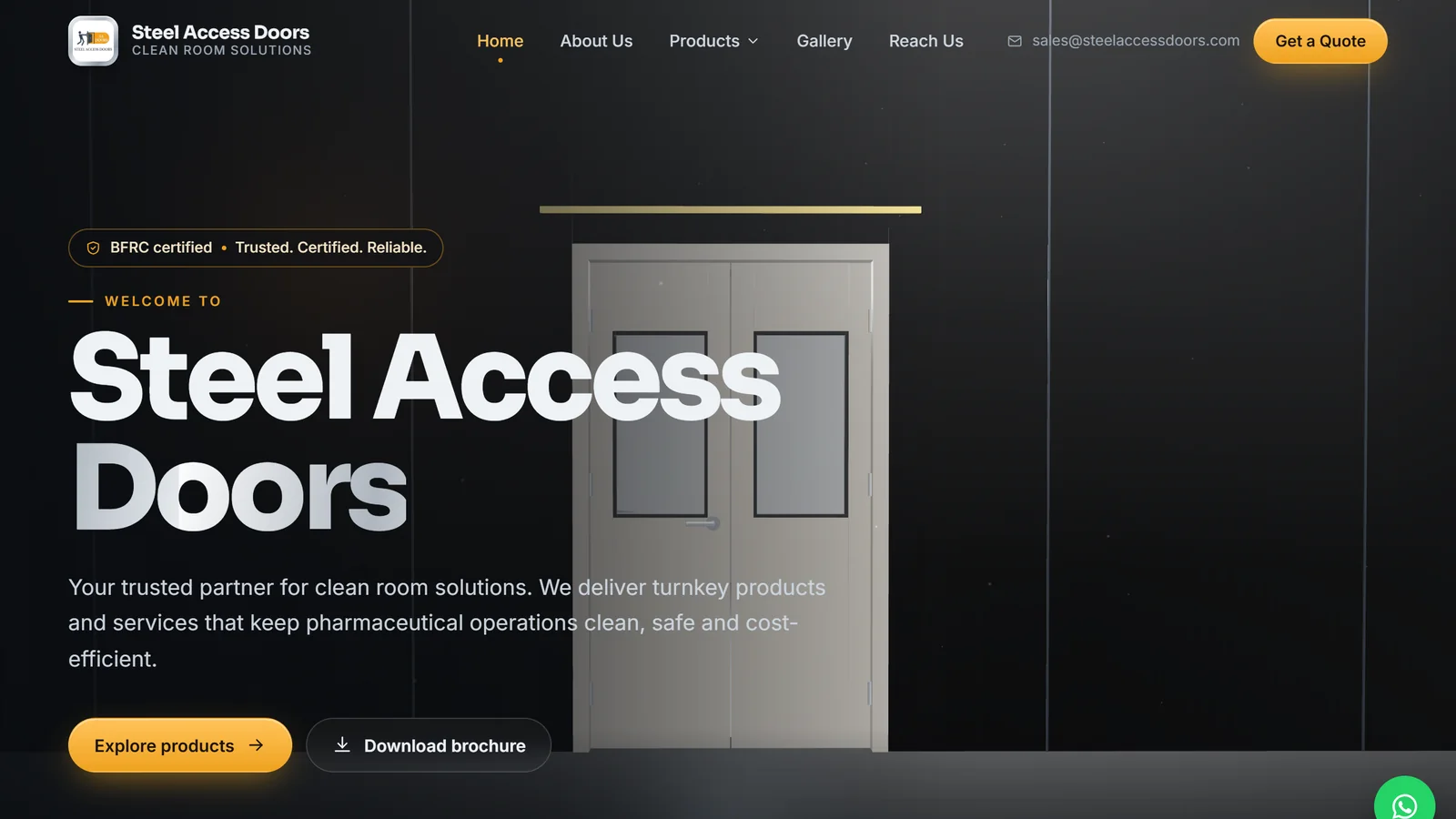 The Steel Access Doors home page: the company name beside a rendered 3D steel double door, with a prompt to scroll to open it.