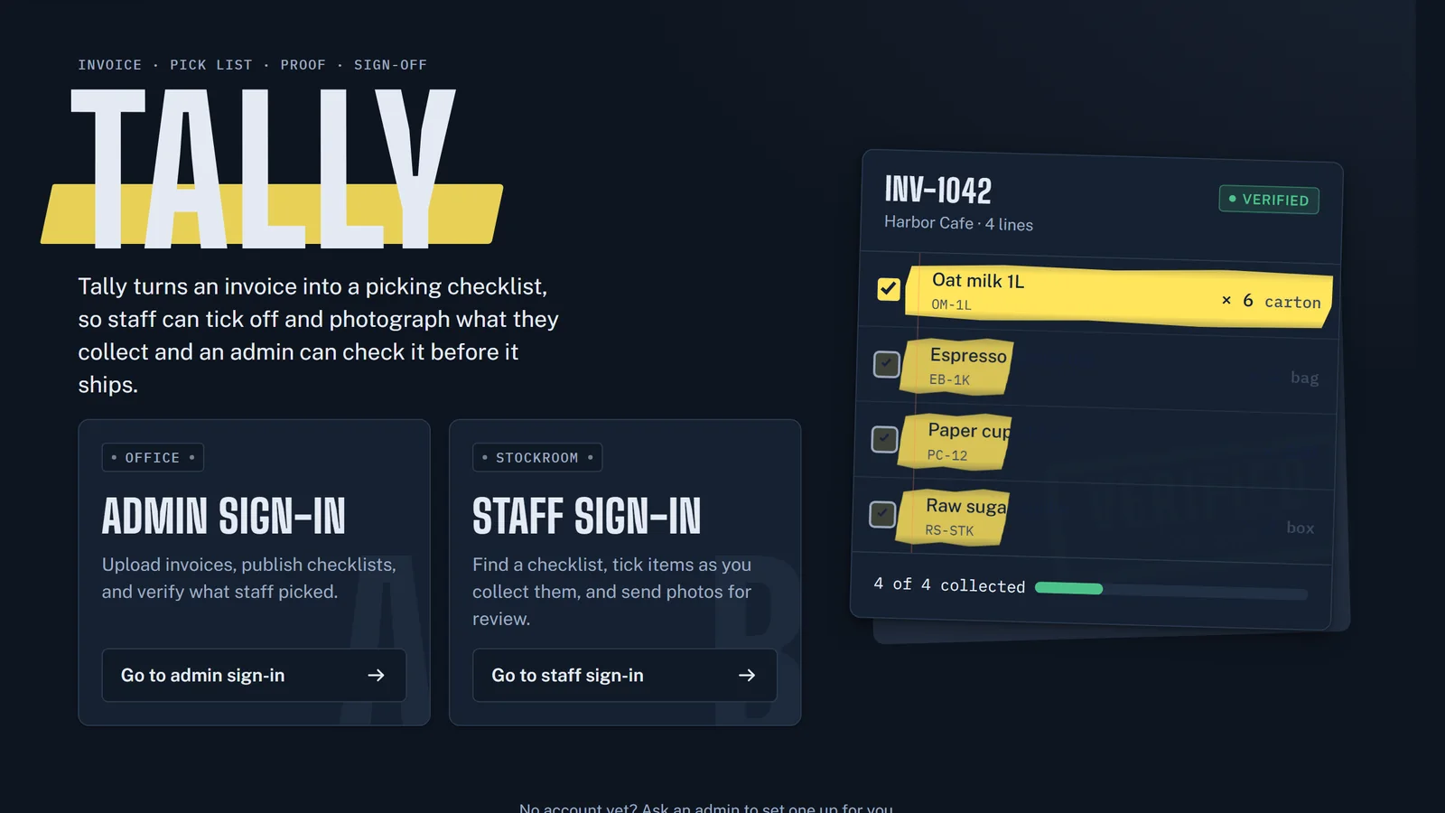 The Tally home page: a large TALLY wordmark, admin and staff sign-in panels, and a sample picking checklist with four ticked lines.
